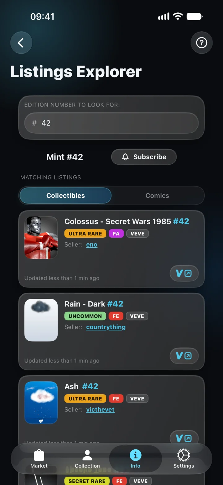 VaultValue Listings Explorer searching for mint number 42 with a Subscribe button and matching listings