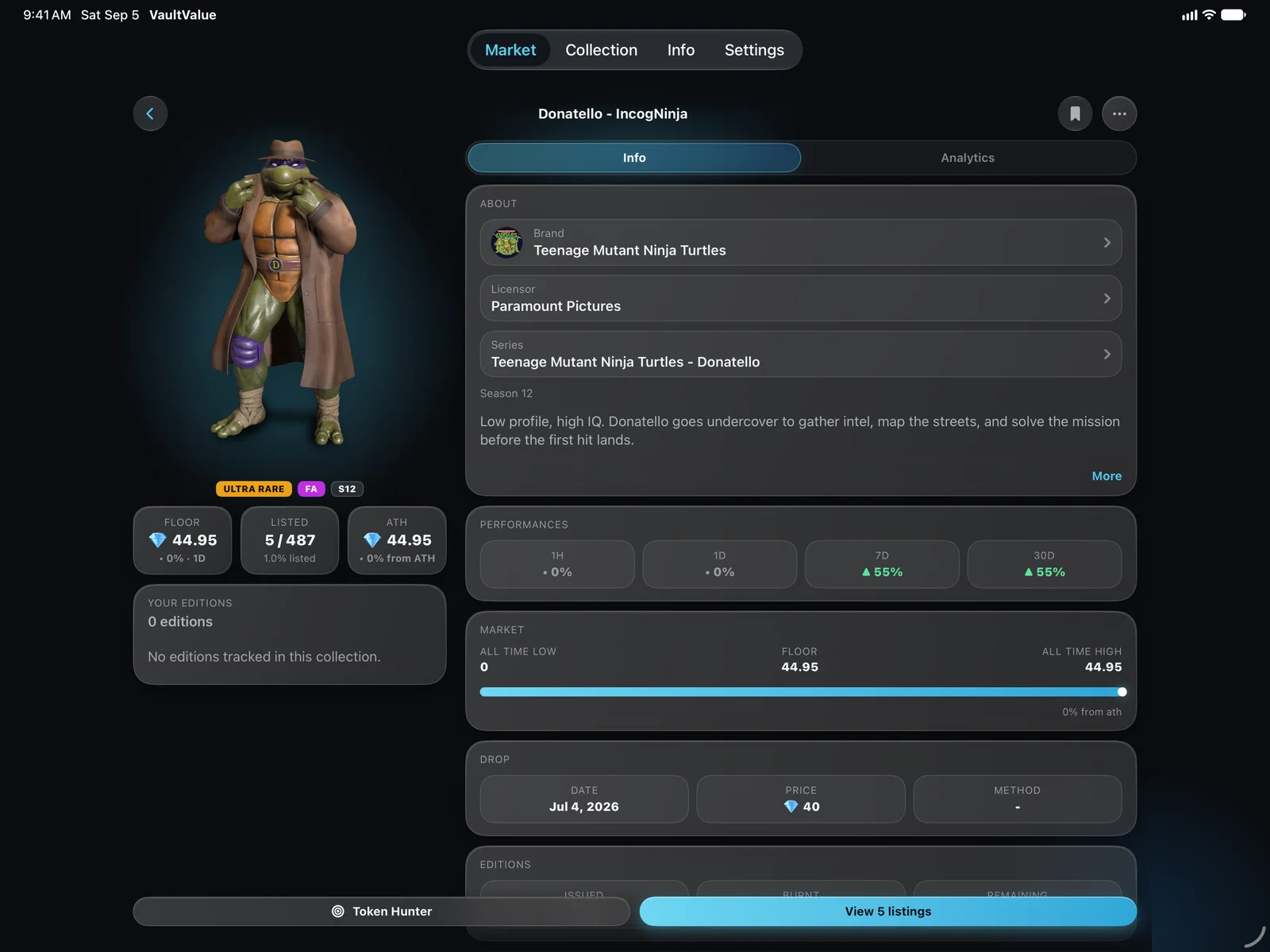 VaultValue on iPad showing Donatello IncogNinja details with Market, Collection, Info and Settings tabs, floor, listed count, all-time high and drop info