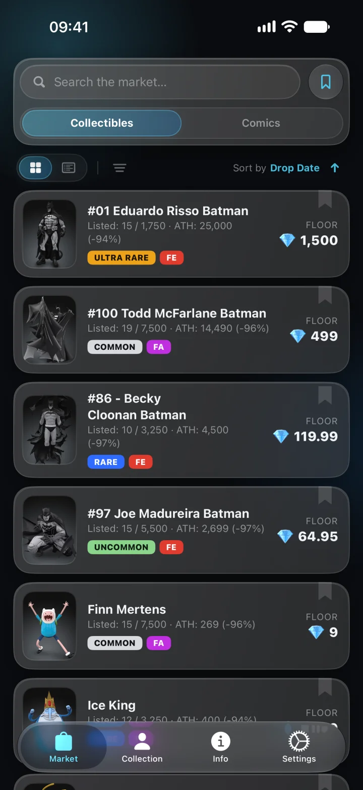 VaultValue Market screen listing Batman collectibles with floor prices, listed counts, all-time highs and rarity chips