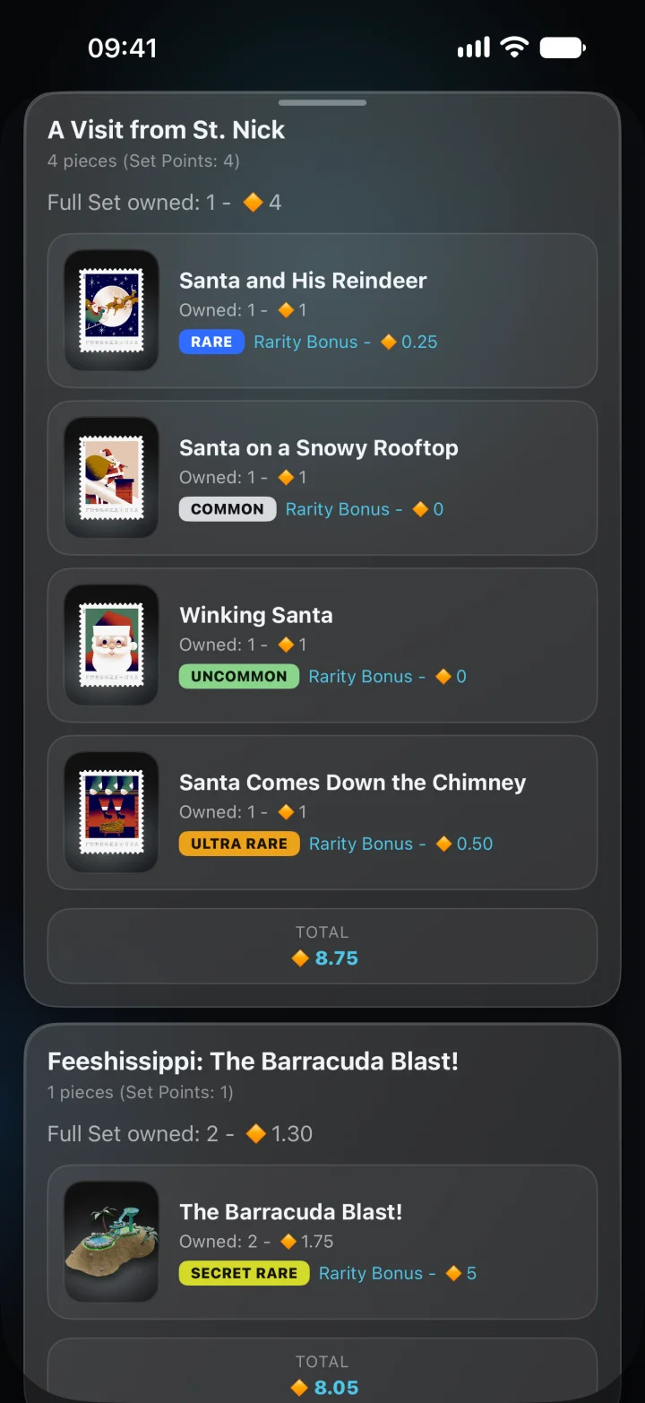 VaultValue MCP set breakdown for A Visit from St. Nick with per-item owned counts, rarity bonuses and a total of 8.75 points