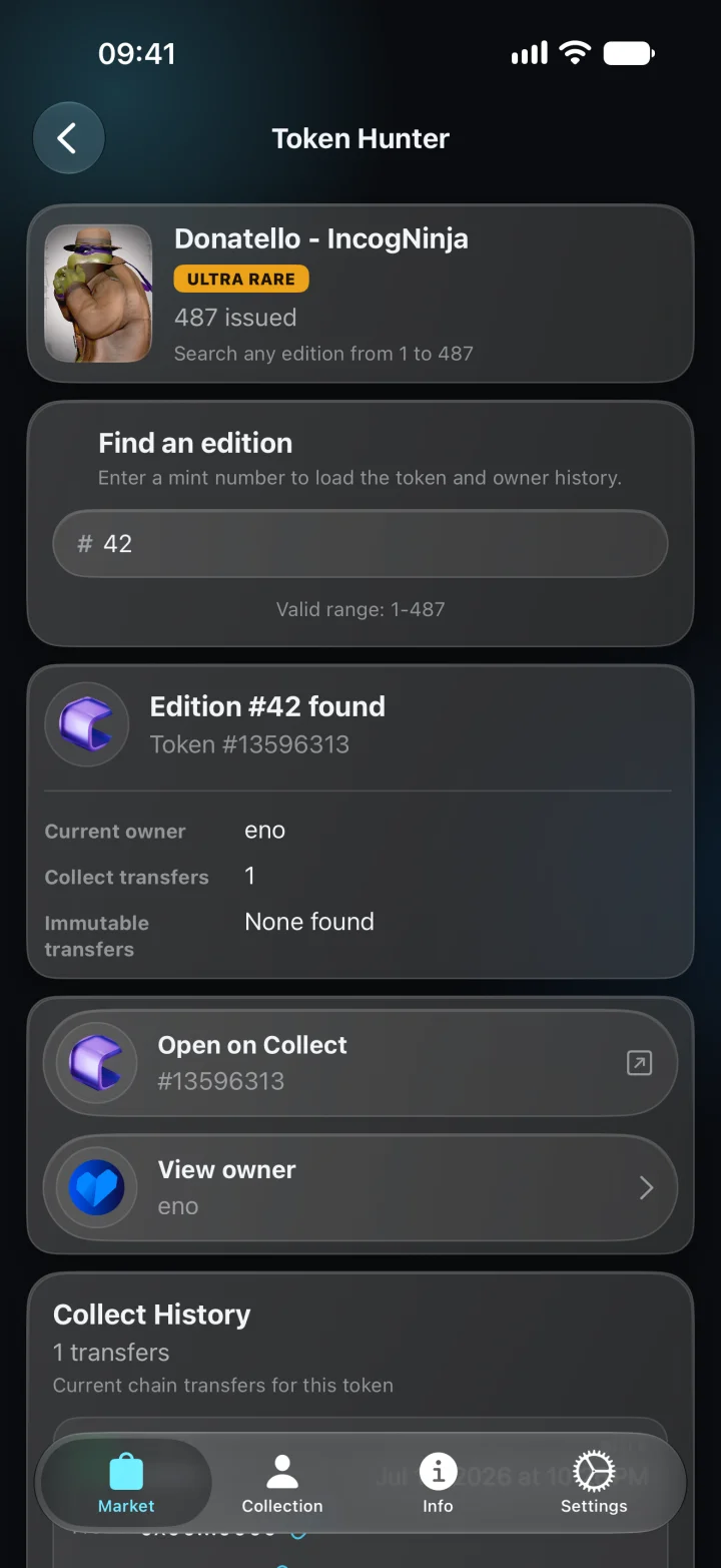 VaultValue Token Hunter showing edition 42 of Donatello IncogNinja found, its token id, current owner and collect history